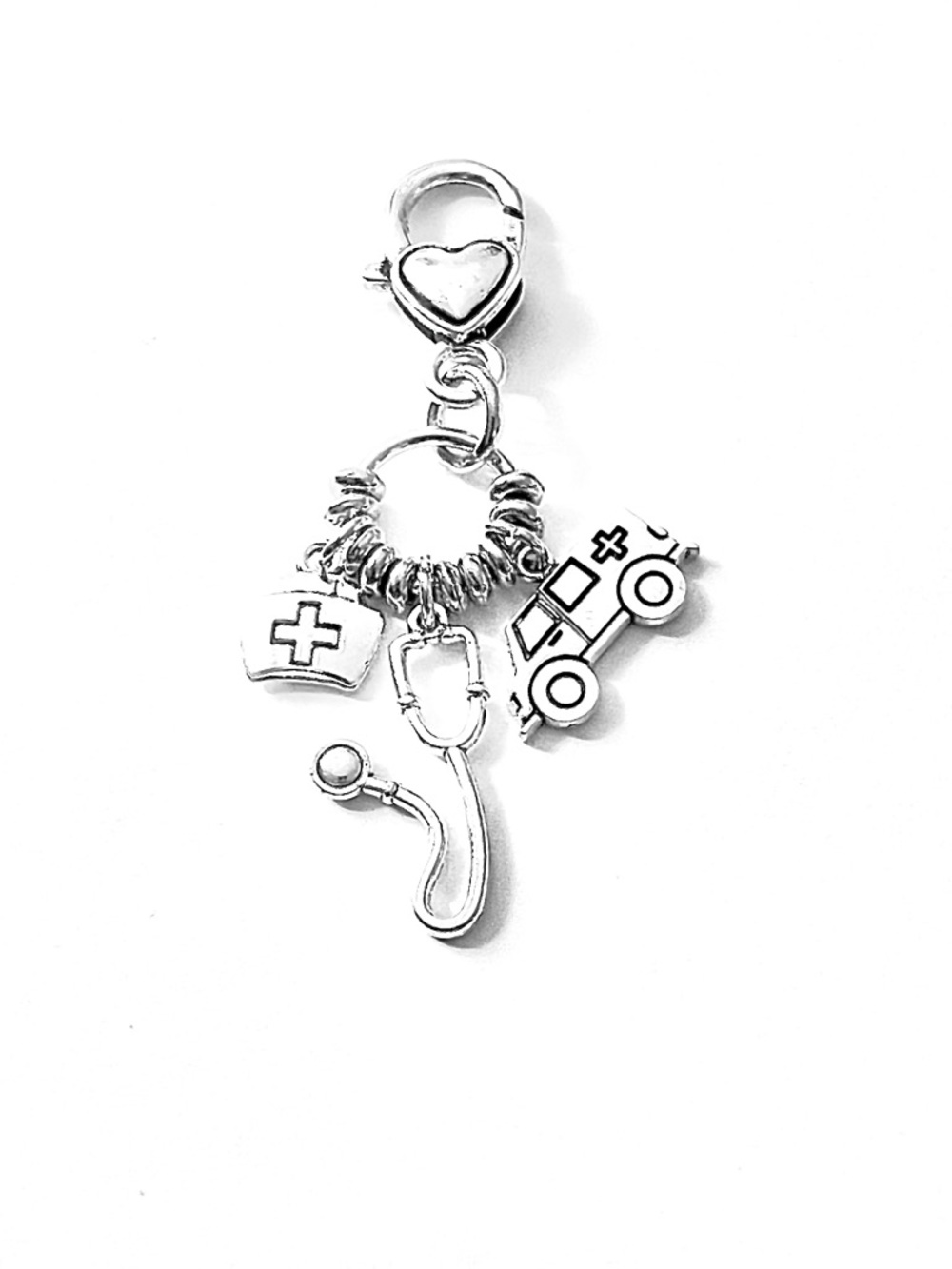 Silver Medical Charm Dangle with Stethoscope, Nurse Cap & Ambulance